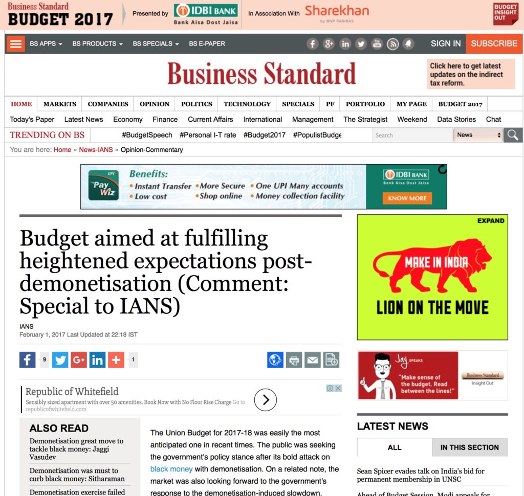 Budget aimed at fulfilling heightened expectations post-demonetisation
