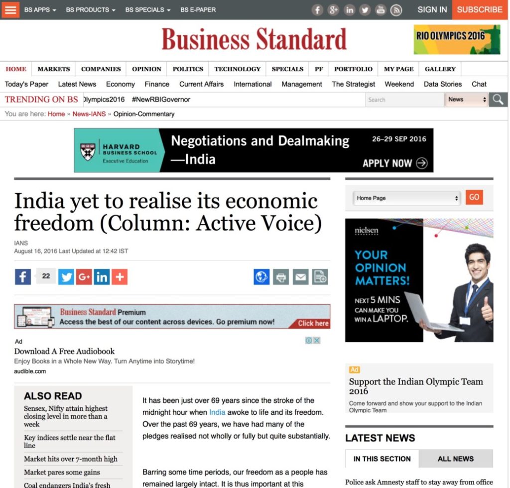India yet to realise its economic freedom