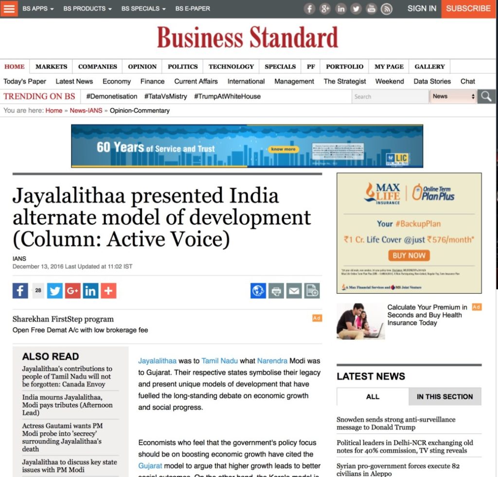 Jayalalithaa presented India alternate model of development