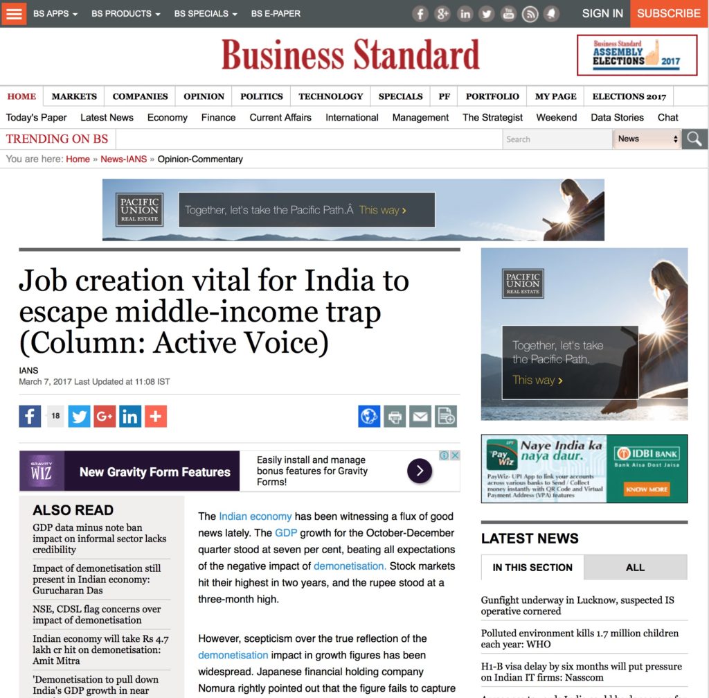 Job creation vital for India to escape middle-income trap 