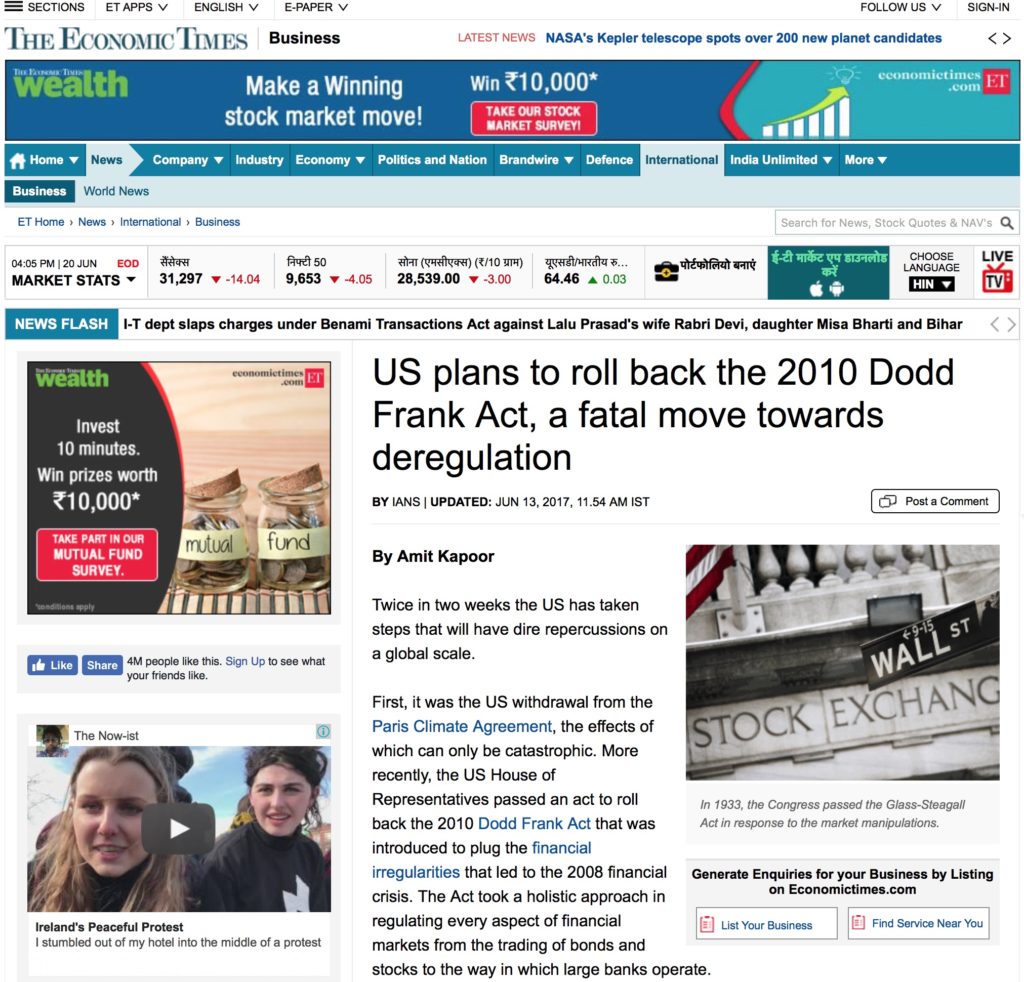 US plans to roll back the 2010 Dodd Frank Act, a fatal move towards deregulation 