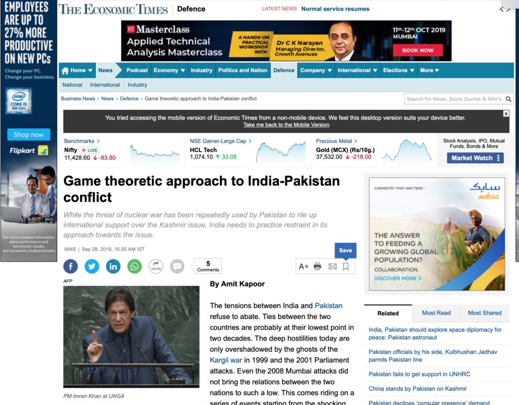 Game theoretic approach to India-Pakistan conflict
