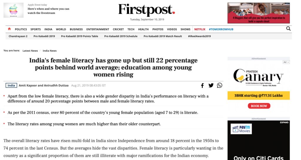 India's female literacy has gone up but still 22 percentage points behind world average; education among young women rising