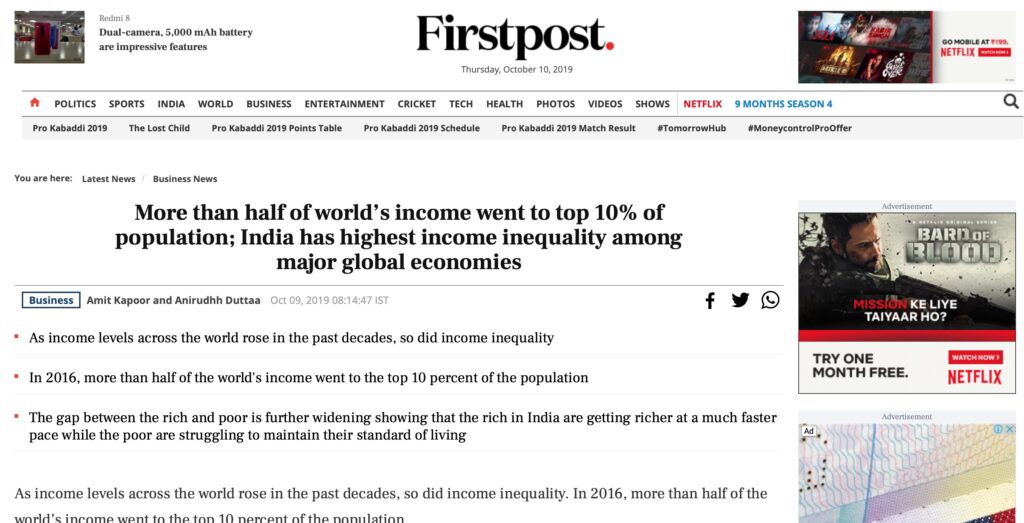 More than half of world’s income went to top 10% of population; India has highest income inequality among major global economies