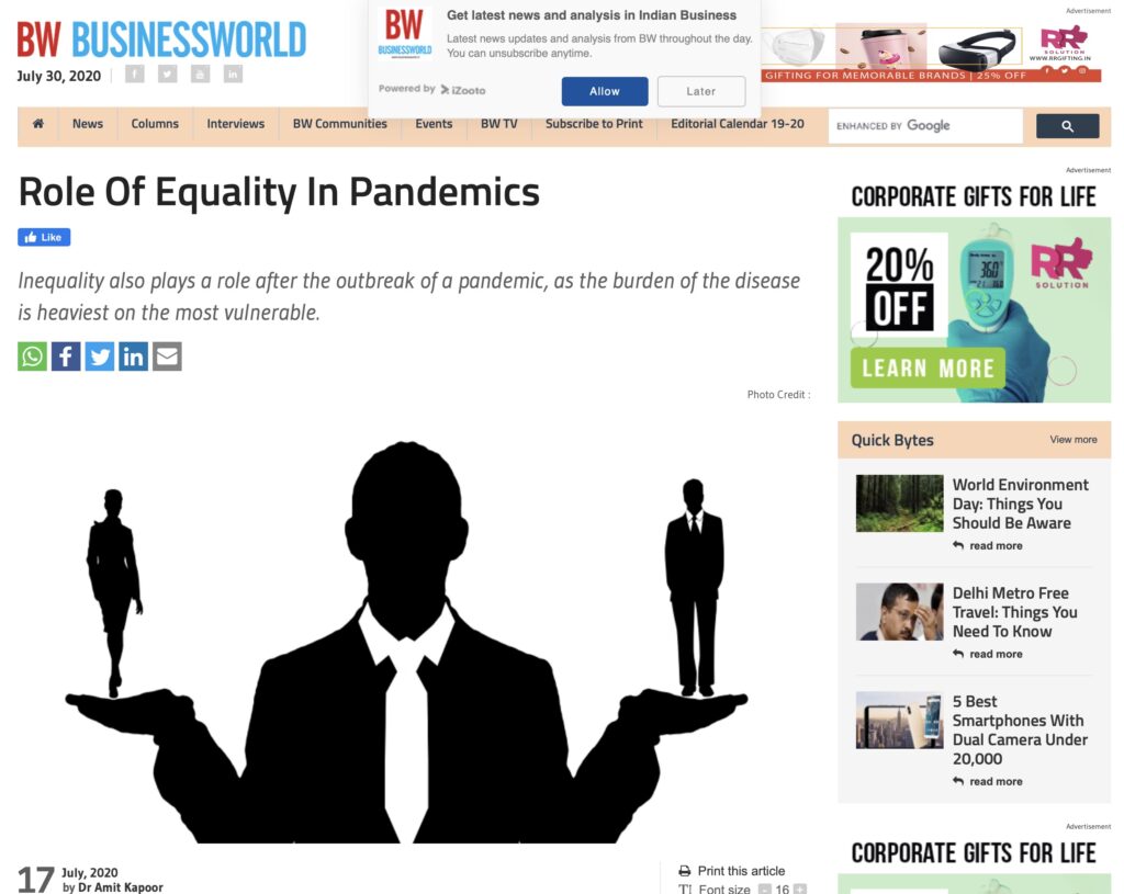 Role of Equality in Pandemics