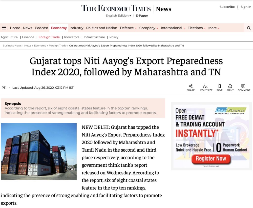 Gujarat tops Niti Aayog's Export Preparedness Index 2020, followed by Maharashtra and TN
