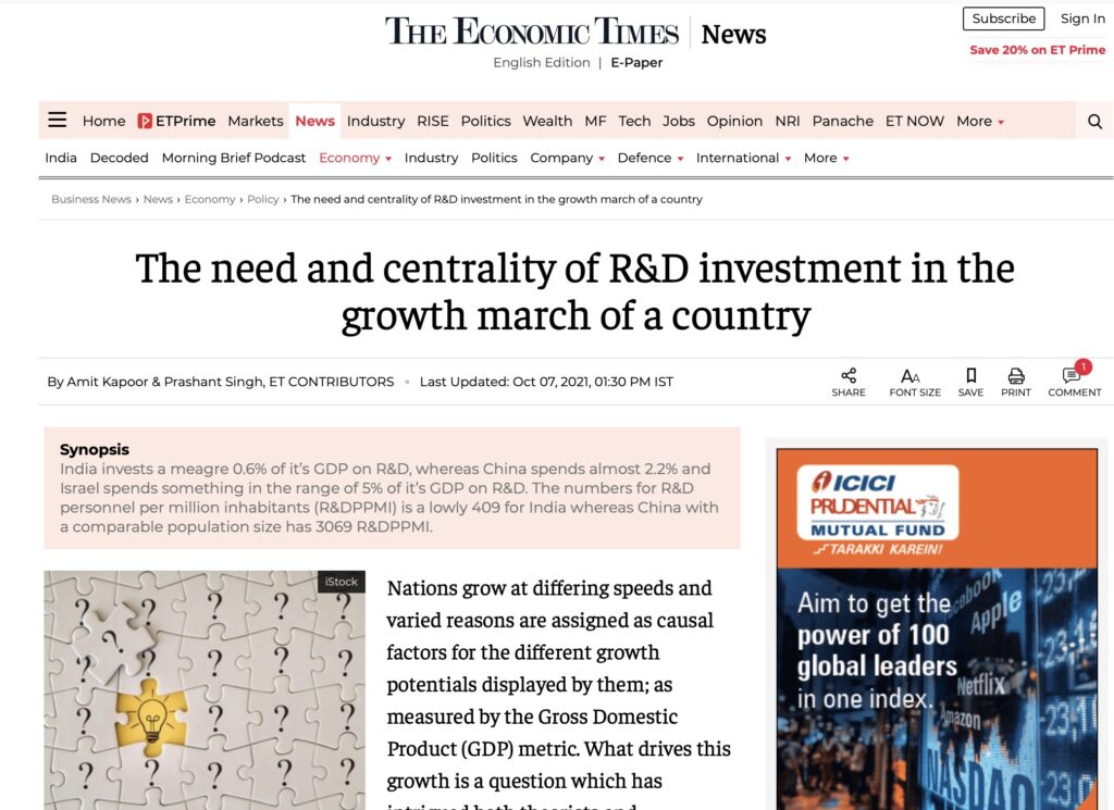The need and centrality of R&D investment in the growth march of a country 